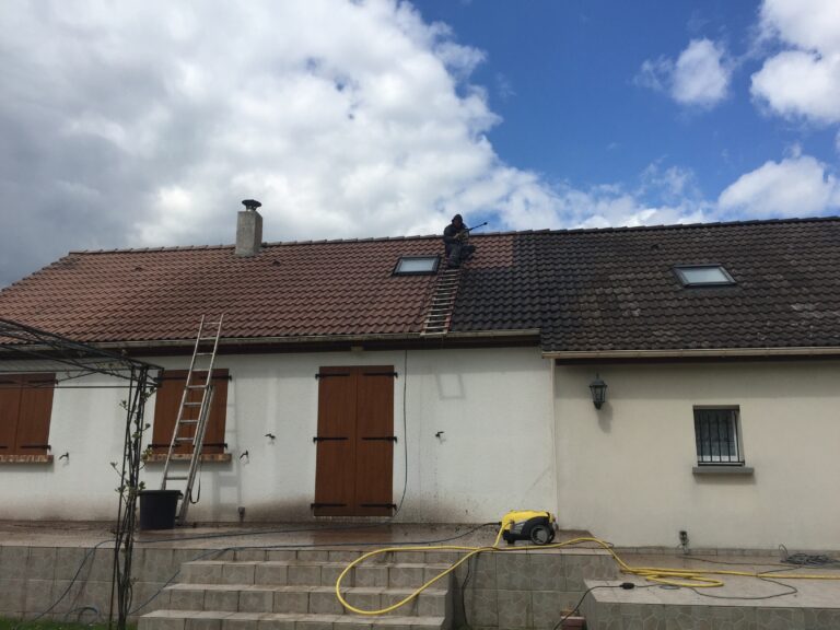 Chantier de toiture sur longère, échelle en façade